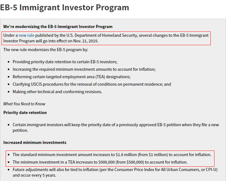 美国eb5投资移民正式涨价至90w和180w美元