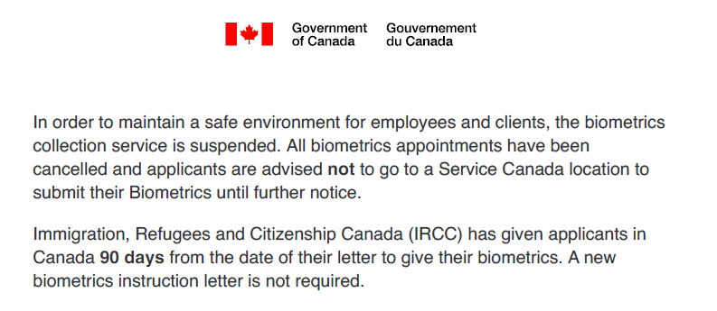 加拿大服务中心发布邮件通知:暂时取消指纹采集预约